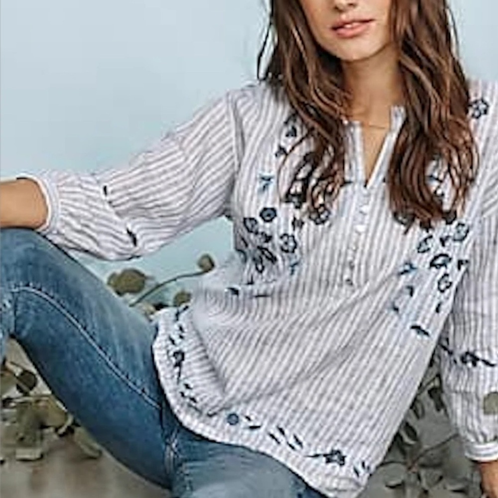 J.Jill Women's 100% Linen Blue Stripe Embroidered Relaxed Popover Top Size S